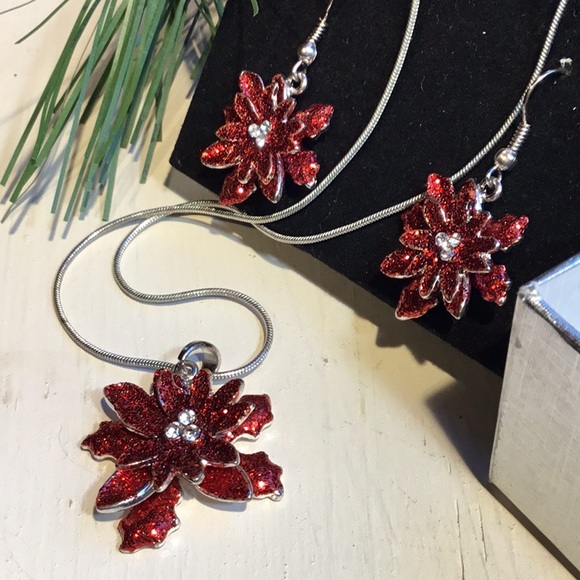 Christmas Poinsettia Jewelry Necklace & Earrings - Picture 7 of 16